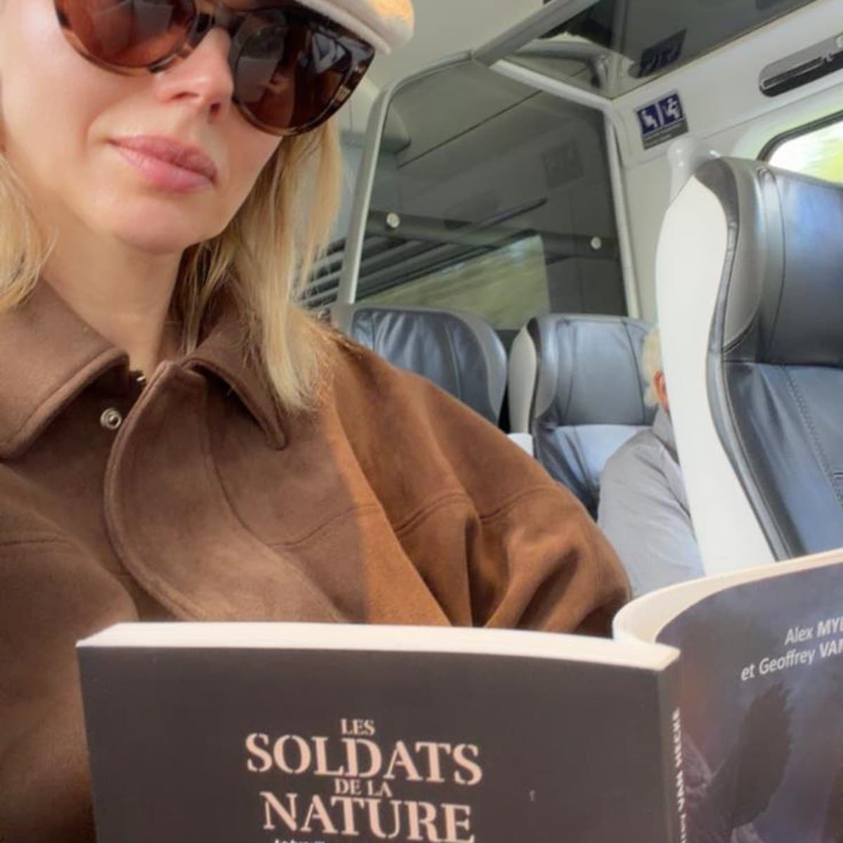 A reader on a train with an open copy of Les Soldats de la Nature