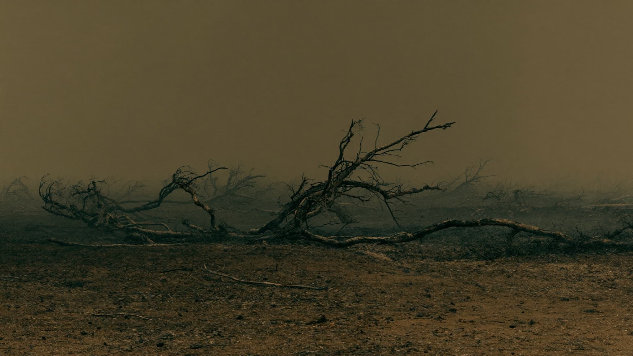 Burned and cleared bushland under a low smoke haze