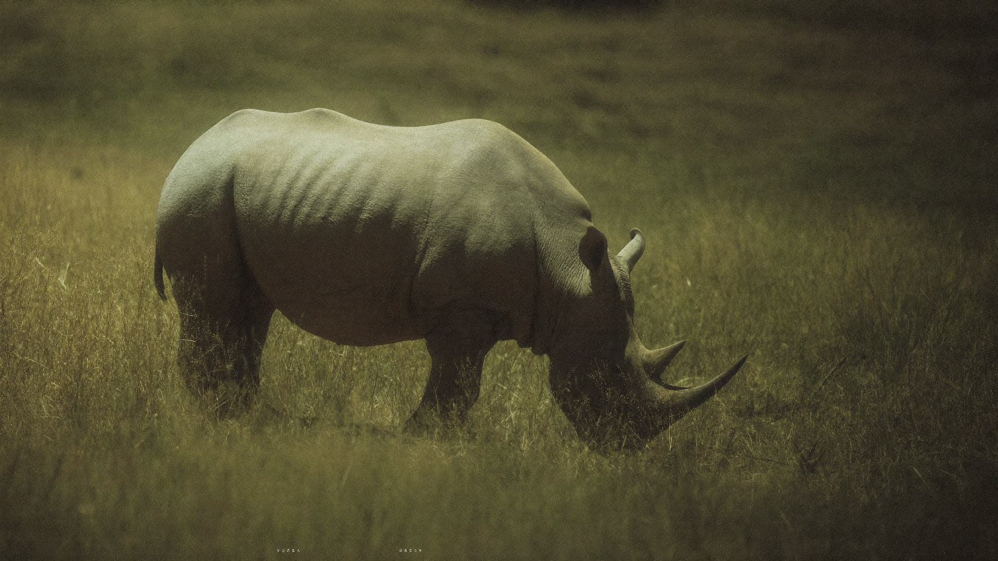 A lone white rhino grazing in dry golden grass